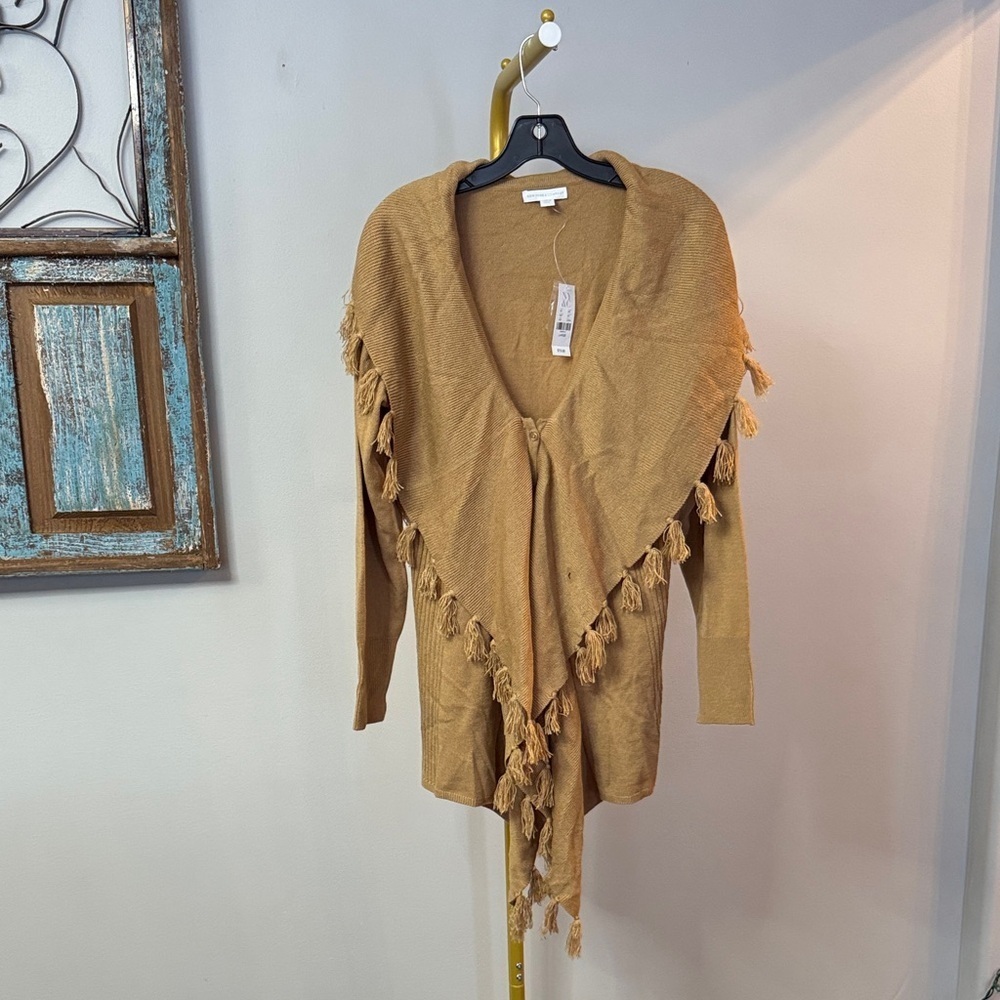 New York & Company Tan Fringe high low Cardigan NWT L